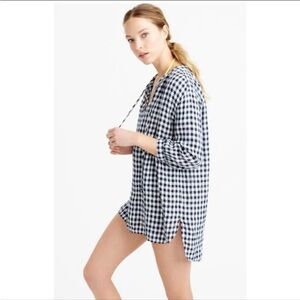 J. Crew Navy Blue White Gingham Tie V-neck Tunic Top size Large